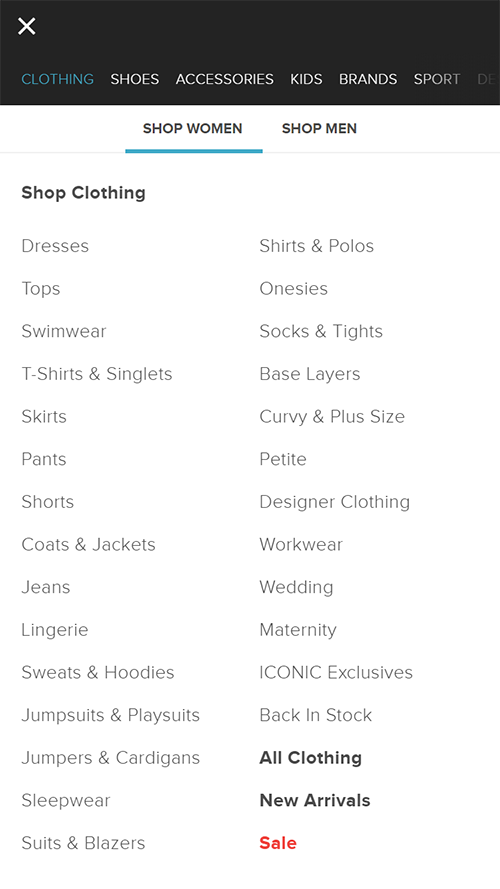 Navigation menu of ecommerce site showing womens clothing options